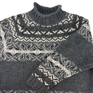 Hasting & Smith Womens L Gray Fair Isle Mock Neck Wool Knit Sweater Cabin Cozy